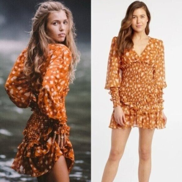 NWOT Bardot Bambina Sketchspot Smocked Frill Mini Dress Size 4/XS - Picture 1 of 12